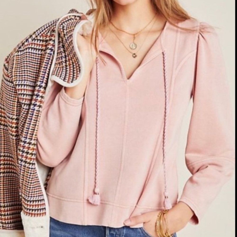 Anthropologie Blush Pink Shirt with Tassel Drawstrings